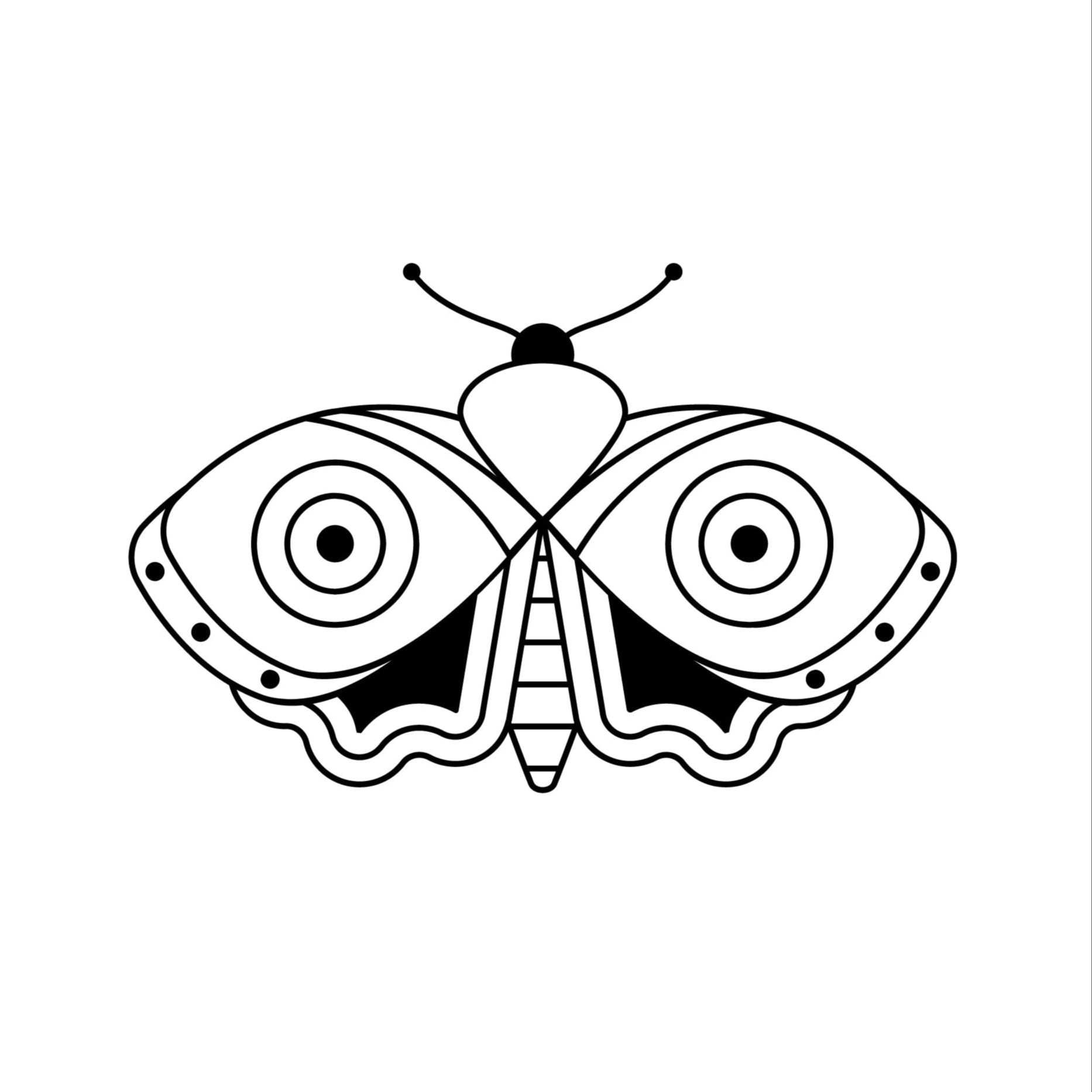 Black and white moth illustration on a white background
