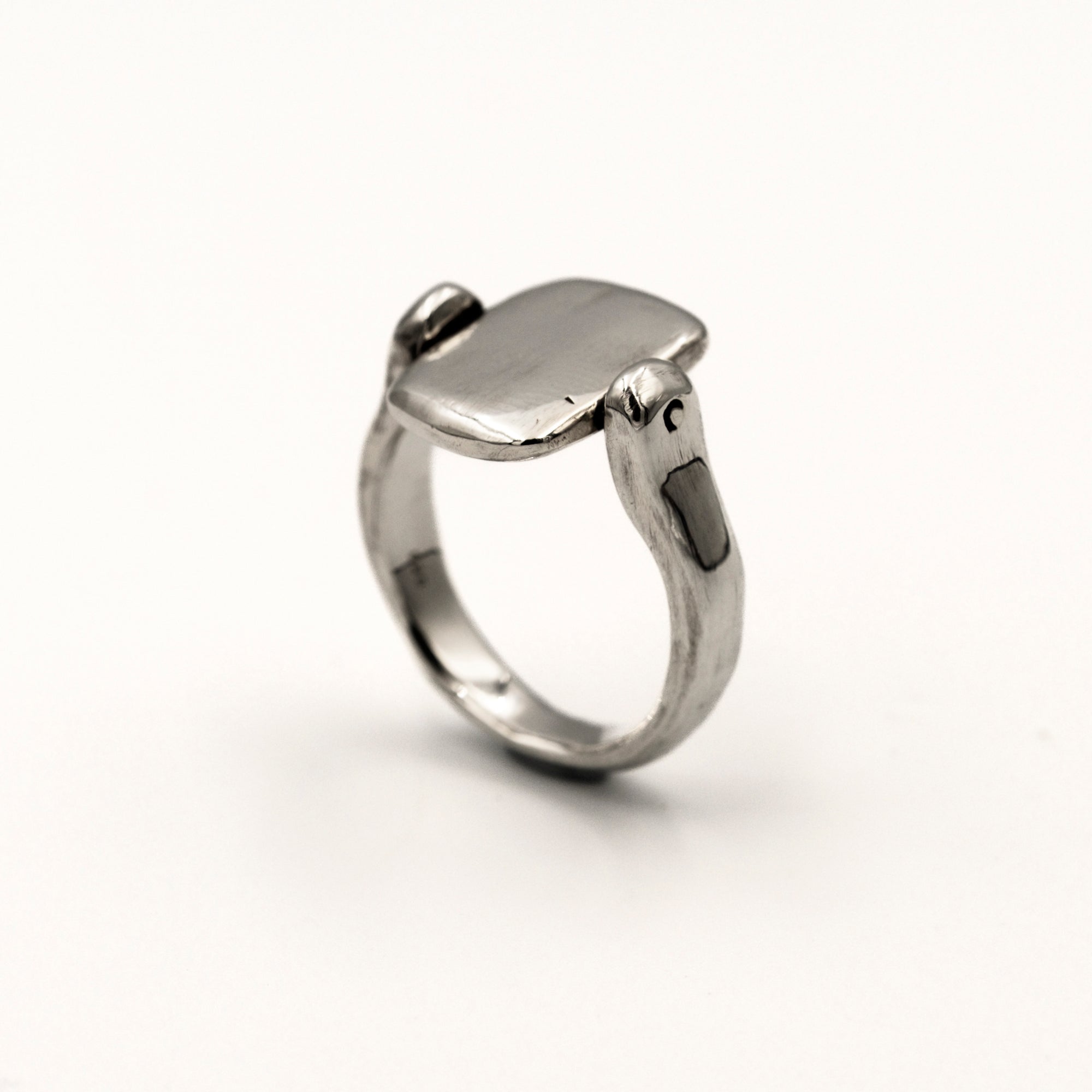 Silver ring with a rectangular tablet on a light white background